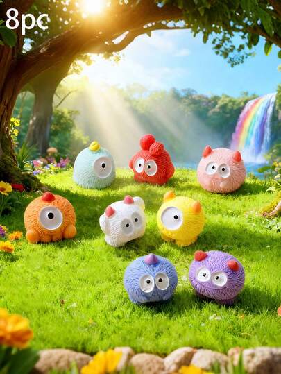8pcs Cute Monster Resin Figurines, Micro Landscape Decor, Colorful Soft Plush Mini Dolls For Room, Desk, Office, Bedroom Corner Decoration, Healing Trinkets, Creative Elegant Ornaments