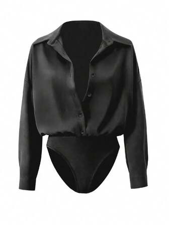 Women's Fashionable Loose Fit Bodysuit, Versatile Blouse Style, Suitable For Summer & Autumn