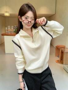 Korean Style Contrast Color Design Half Zip Casual Versatile Knit Sweater - Apricot - View 3