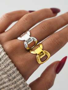 2枚/1枚女士粗款几何18k镀金不锈钢戒指，厚实叠戴戒指，简约时尚饰品 - 彩色 - 查看 2