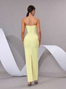 Modphy 仿羽毛性感无肩带露背紧身绷带长裙，优雅女士正式晚礼服，适合婚礼、派对、伴娘等场合，春季款 - 黃色 - 查看 6