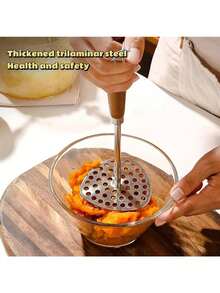 1pc Stainless Steel Potato Masher With Wooden Handle, Handheld Potato Masher, Multi-Function Food Masher For Pumpkin, Sweet Potato, Potato And Other Vegetables, Cooking Tool For Teenagers And Kitchen, Lightweight Kitchen Gadget - Multicolor - View 9