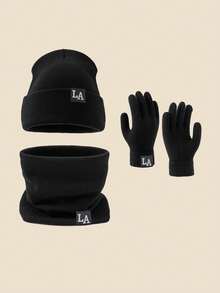 3pcs LA Logo Knit Beanie + Scarf + Gloves Set, Unisex Autumn/Winter Windproof Warm Soft Comfortable Hat, Neck Warmer, Gloves, Suitable For Daily Commute, Study, Work, Gathering, Outdoor Travel, Hiking, Versatile Knit Cap, Essential For Cold Weather Vacation Outfits - A - View 11
