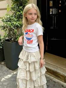 Tween Girls Casual Printed White Crew Neck Short Sleeve T-Shirt, Summer Top - White - View 1