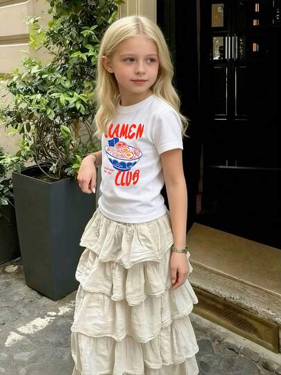 Tween Girls Casual Printed White Crew Neck Short Sleeve T-Shirt, Summer Top