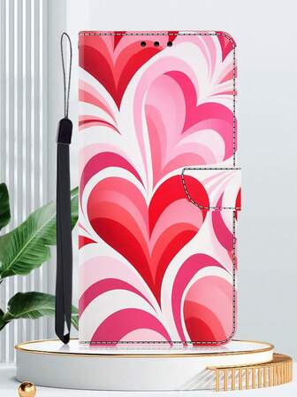 GLANDOTU Pink Heart-Shaped Gradient Flip Cover PU Leather Phone Case Shock-Resistant Protective Case Girly-Style Phone Cover Compatible With Multiple Phone Brands And Models