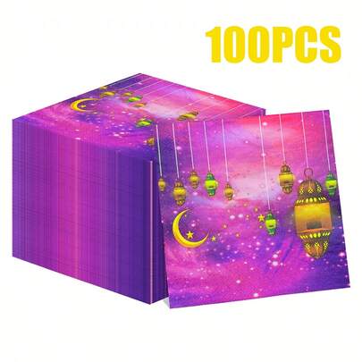 100/60/20pcs 13 * 13 Inch Disposable Napkins With Ramadan Theme, Purple Gradient Background, Golden Moon, Stars, And Lantern Patterns, Suitable For Restaurant Decoration During Eid Al Fitr Celebrations, Holiday Banquets, Family Gatherings, Friend Dinners, And Ramadan Dining Periods
