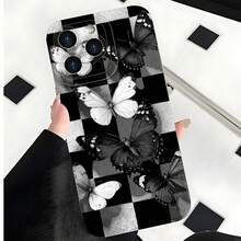 2026 nueva funda de teléfono esmerilada, funda de teléfono con patrón de mariposa y diseño de tablero de ajedrez para iPhone 17 14 13 12 11 Pro Max  Galaxy S23 S22 S21 S20 Fe Plus protector de teléfono funda de pareja regalo para novio novia presente de vacaciones - Blanco antiguo - Ver 2