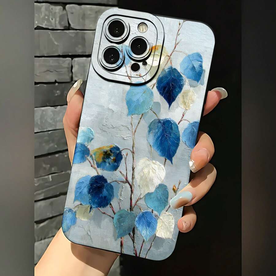 2026 nueva funda de teléfono esmerilada, funda de teléfono con estampado de hojas azules y flores blancas para  17 15 Pro Max  17 14 Pro  17 13  17 12  Galaxy S23 S22 S21 S20 protector de teléfono funda de pareja regalo para novio novia día de San Valentín regalo de cumpleaños - Blanco antiguo - Ver 1