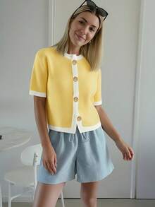 Áo khoác cardigan dệt kim mềm mại, thời trang kiểu Pháp dành cho nữ, áo len dáng rộng, ngắn tay, thích hợp cho mùa thu/hè. - Nhiều màu - Xem 1