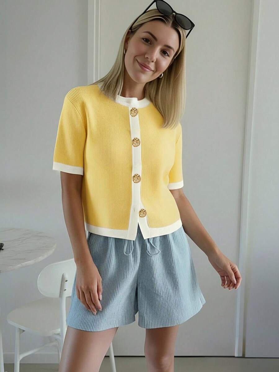 Áo khoác cardigan dệt kim mềm mại, thời trang kiểu Pháp dành cho nữ, áo len dáng rộng, ngắn tay, thích hợp cho mùa thu/hè. - Nhiều màu - Xem 1