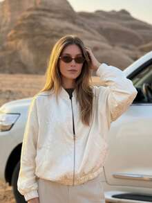 1pc Fashionable & Elegant Women's Floral Jacquard Zip-Up Bomber Jacket, Suitable For Casual Wear, Vacation, Holiday, Commute, Sports, All Season Spring/Autumn - White - View 3