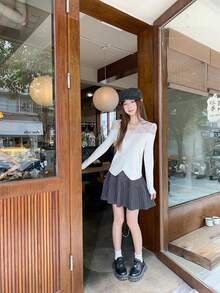 法式浪漫蕾丝拼接针织毛衣，2025秋冬新款，修身长袖打底衫 - 杏色 - 查看 6