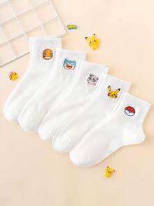 pokemon 5双装女士刺绣皮卡丘图案趣味卡通短袜，男女通用，运动风格，适合所有季节，欧美尺码，舒适透气，经久耐穿，色彩鲜艳，适合日常穿着，优质面料，不会引起足部不适。 - 白色 - 查看 1