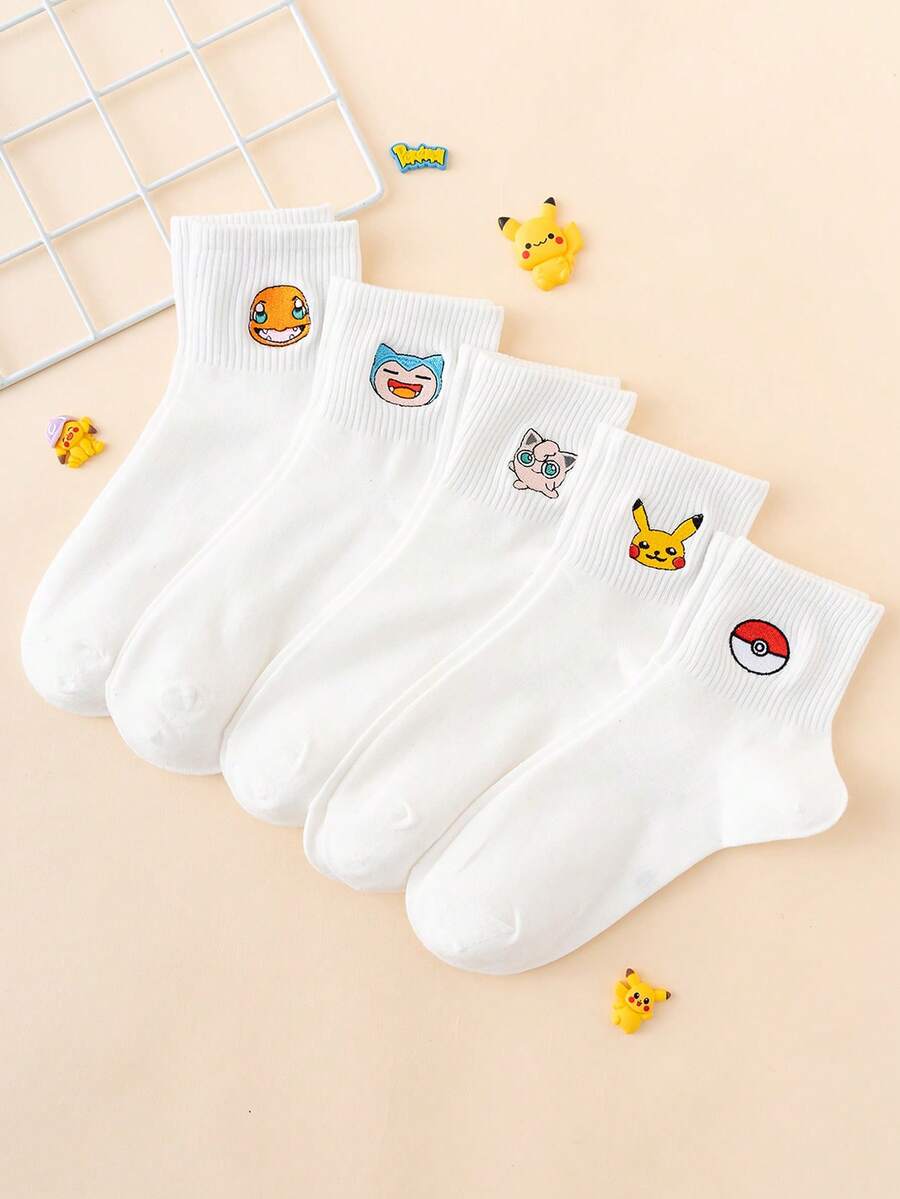 pokemon 5双装女士刺绣皮卡丘图案趣味卡通短袜，男女通用，运动风格，适合所有季节，欧美尺码，舒适透气，经久耐穿，色彩鲜艳，适合日常穿着，优质面料，不会引起足部不适。 - 白色 - 查看 1