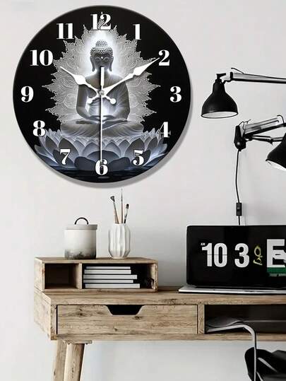 Buddha & Lotus Flower Pattern Wooden Wall Clock, Silent Design With Lighting Effect, Suitable For Living Room, Bedroom, Kitchen, Office Decor, Modern Home Art Decor, Ideal Christmas, New Year, Birthday Gift