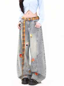 Cartoon Embroidered Plaid Belt Jeans, New Design Barrel Leg Jeans (With Belt) - Light Wash - View 5