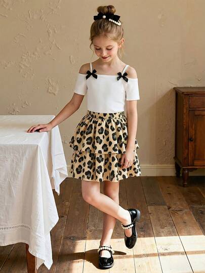 Tween Girls Summer 2 Pieces Set, Off Shoulder Bowknot Decor Top With Layered Cake Skirt, Sweet Elements With Slightly Sexy Silhouette, Cute And Fashionable