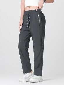 2pcs/Set Women Summer Ice Silk Sports Pants, Casual Elastic Fitness Yoga Straight Leg Trousers, Breathable Running Outdoor Mesh Pants Black Spring - Black - View 3