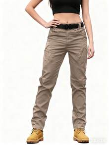 Streetwear Casual Commute Pocket Work Pants Lightweight Wide Leg Waist Cinched Travel Pants, Black Work Pants, Multifunctional Pockets, Outdoor Casual Loose Fit, Breathable Material, Suitable For Outdoor Enthusiasts - 香檳色 - 查看 1