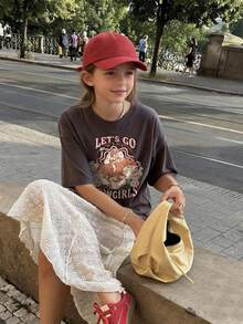 Tween Girls' Casual Pink Graphic Print Crew Neck Short Sleeve T-Shirt, Summer Top - Dark Grey - View 7