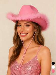 1/3/6 粉色单顶牛仔帽，带羽毛装饰，圣诞帽，舞蹈帽，音乐节 Y2K 风格，返校嘉年华西部牛仔设计，适合女性，可用于生日、婚礼、单身派对、新娘派对、订婚礼物等场合。 - 派對帽 - 查看 2