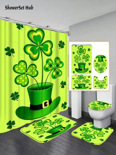 1/3/4件套圣帕特里克节快乐亮色三叶草和绿色高顶礼帽浴帘浴室套装，防水耐磨配件，带12个挂钩 - 包括马桶座套、浴垫和地毯 - 塑料面料 - 可水洗，防霉 - 非常适合节日装饰、家居/卧室/房屋/西部/春季装饰