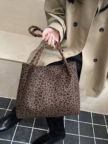 Large Capacity Leopard Print Shoulder Tote Bucket Bag For Women - Brown - View 3
