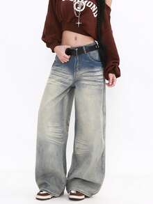 Vintage Washed Cat Whisker Low Waist Wide Leg Jeans Spring Casual - Blue - View 1