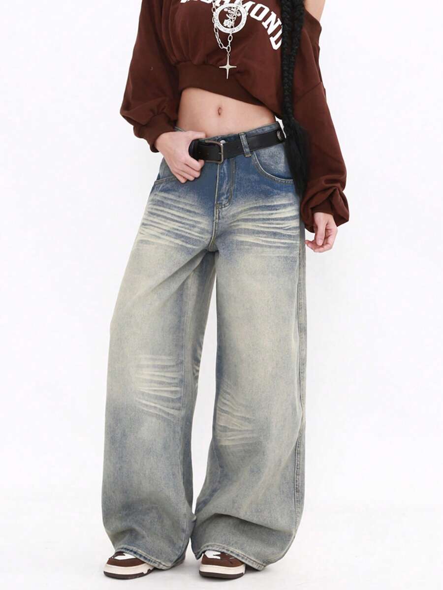 Vintage Washed Cat Whisker Low Waist Wide Leg Jeans Spring Casual - Blue - View 1