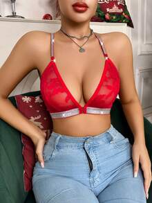 1pc Women Lace Front Closure Wireless Backless Bra - Red - View 4