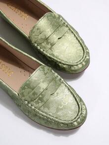 2026春季新款女士时尚平底鞋，低鞋面圆头花卉设计，百搭简约风格，软底舒适休闲轻便工作鞋 - 綠色 - 查看 3