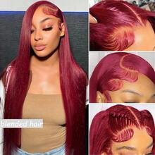 180密度 8-36英寸 巴西骨直发 13x4蕾丝前额真人混纺发 高清透明蕾丝前额闭合式波波头假发 女士款 99J 酒红色 - S99J/BUG - 查看 4