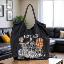 Bolsa de tela reutilizable con bordado de castillo y globo aerostático, bolso de hombro plegable de gran capacidad - Negro - Ver 4