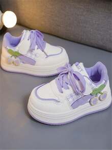 1 Pair Kids' New Fashion Soft-Sole Bow Knit Strap Cute PU Hook And Loop Outdoor Casual Versatile Flat Sneakers, Suitable For All Seasons - Purple - View 6