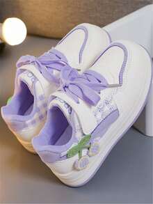 1 Pair Kids' New Fashion Soft-Sole Bow Knit Strap Cute PU Hook And Loop Outdoor Casual Versatile Flat Sneakers, Suitable For All Seasons - Purple - View 2