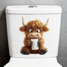Adesivo de banheiro engraçado com vaca das Terras Altas, estampa de animal fofo segurando um rolo de papel higiênico, adesivo de vinil removível e à prova d'água para banheiro, tampa do vaso sanitário, caixa acoplada e decoração de parede.