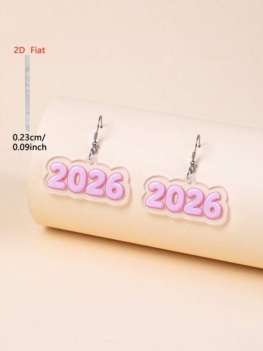1 Pair Pink 2026 Pattern Acrylic Earrings, Elegant Minimalist Style Jewelry Earrings For Men And Women, Suitable For Daily And Holiday Wear - Pink - View 1