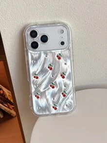 优雅的INS风格银色底座樱桃树脂全屏手机壳，兼容 17 Pro Max、16 Pro Max，也适用于 15/16、13/14 Pro Max、12/13 Pro Max。