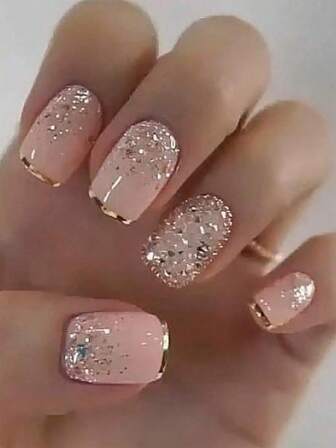 24Pcs/Set Medium Square Gloss Color French Press On Nails With Glitter Powder, Full Fit Acrylic Fake Nails, Contain 1pc Jelly Glue And 1pc Nail File, Suitable For Women And Girls'daily Work, Study, And Parties Use