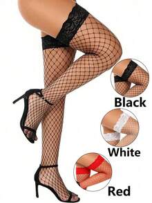 1/3 Pairs Women's Plus Size Sexy Thigh High Stockings, Lace Hollow Mesh Fishnet Over-The-Knee Socks, Fashion Knee-High Stockings, Suitable For Holidays, Halloween, Carnival, Christmas Outfits - Multicolor - View 1