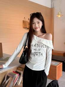 Oblique Shoulder Long Sleeve T-Shirt For Women, Letter Print Pleated Waist, High-End Early Autumn Undershirt - White - View 4