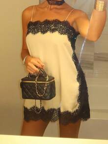 DEEKA Summer New Women's Fashion Elegant Satin Lace Blouse - White - View 2