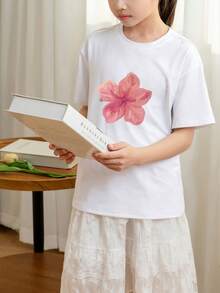 少女休闲白色圆领短袖印花T恤，夏季上衣 - 白色 - 查看 2