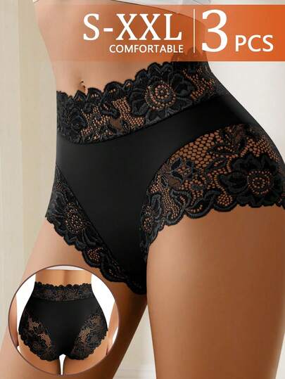 3pcs Women's Lace Print Sexy Breathable Comfortable Briefs