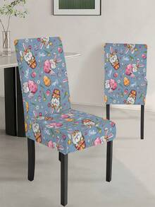 1pc/4pcs/6pcs/20pcs Easter Polyester Stretch Chair Covers, Egg Rabbit Floral Chair Back Protector Slipcovers, Washable For Home Dining Room Living Room Kitchen Decor - Black - View 6