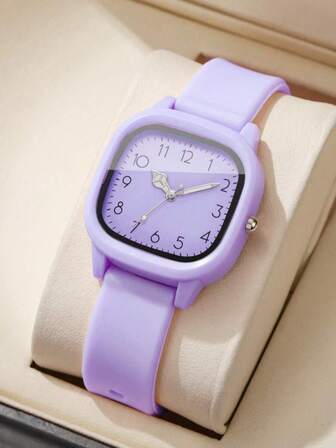 1 ชิ้น นาฬิกาข้อมือสุภาพสตรี, นาฬิกาควอตซ์แฟชั่นเรียบง่าย, หน้าปัดสี่เหลี่ยม สายซิลิโคนสีม่วง, เหมาะสำหรับสวมใส่และตกแต่งในชีวิตประจำวัน หรือเป็นของขวัญในวันหยุด
