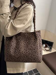 Large Capacity Leopard Print Shoulder Tote Bucket Bag For Women - Brown - View 5
