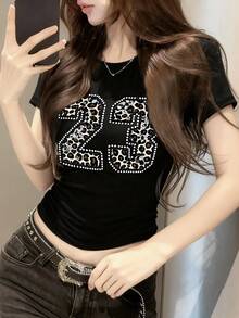 女士圆领短袖T恤，美式可爱女孩风，夏季新款豹纹数码印花，修身时尚露脐上衣 - 黑色 - 查看 1