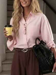 1pc Women's Casual Loose Solid Color Shirt, Long Sleeve Lapel Leisure Fashion, Solid Color Button-Up Shirt Item, Suitable For Vacation, Daily, Office, Airport Wear, All Seasons - Pink - View 9
